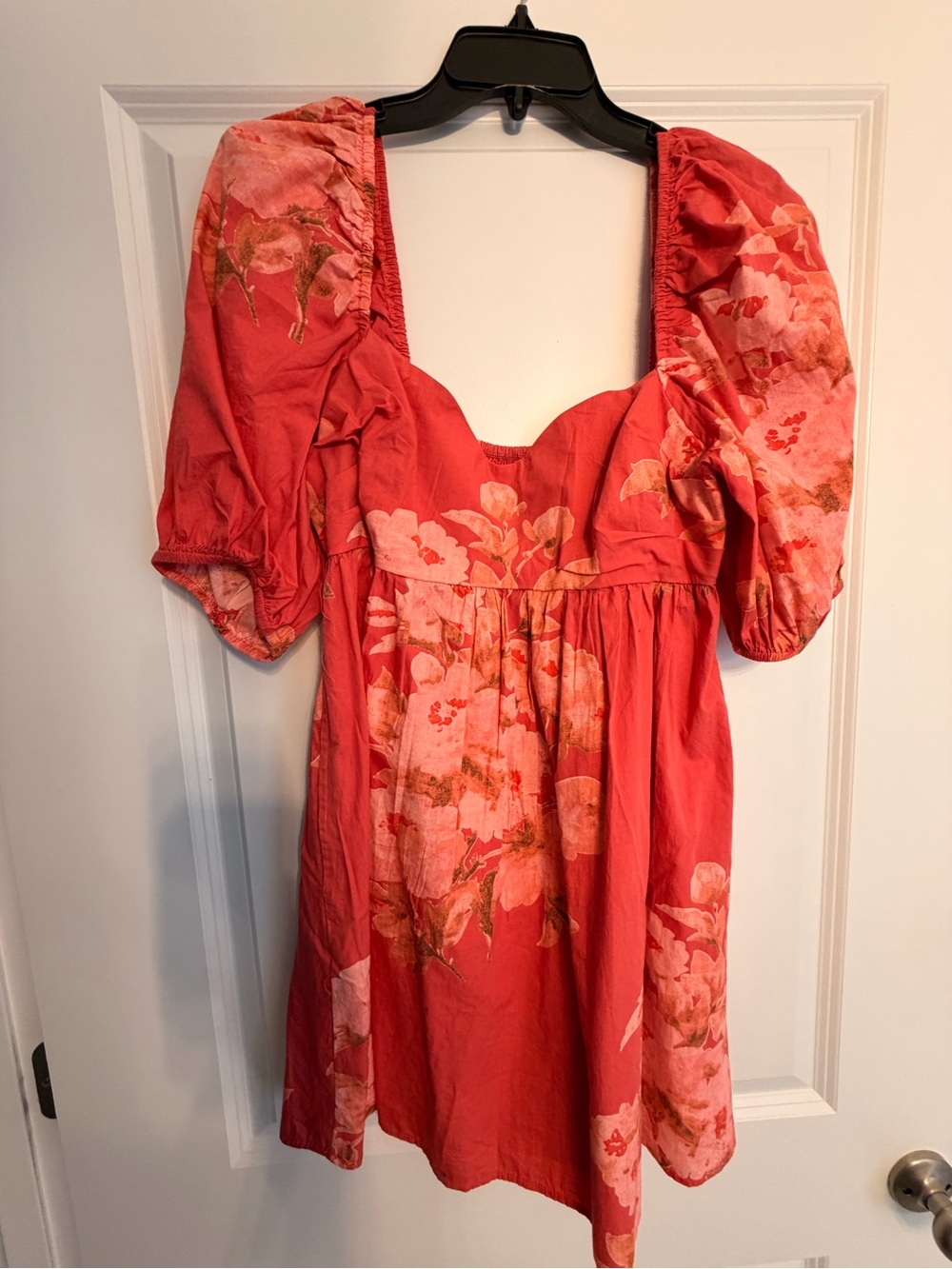 Free People Floral Puff-Sleeve Babydoll Mini Dress in Coral Pink